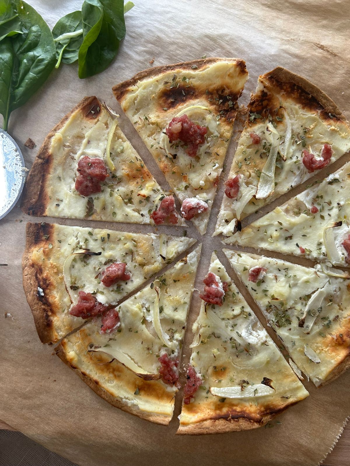 Tortilla Pizza with Salsiccia and Onions